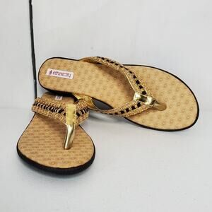 Gold and Tan Woven Sandals with Decorative Straps
